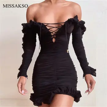 

Missakso Sexy Black Bodycon Dress Lace Up Club Party Long Sleeve Spring Autumn Off Shoulder Mesh Sheer Women Ruffle Mini Dress