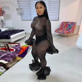 

BKLD Hollow Out Sexy Transparent Women Fishnet Jumpsuit Black 2019 Autumn Turtleneck Long Sleeve See Through Mesh Flare Trousers