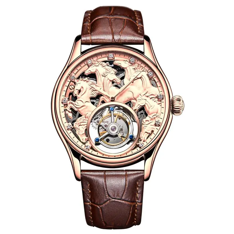 

GUANQIN Switzerland Real Tourbillon Zodiac horse Watch men's skeleton mechanical watch waterproof leather luminous rose gold