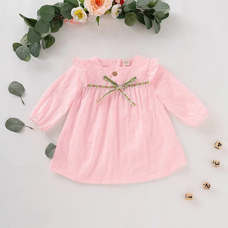 Pink Модные милые однотонные топы с длинными рукавами и бантом для маленьких девочек, платье принцессы, одежда - Цвет: Pink