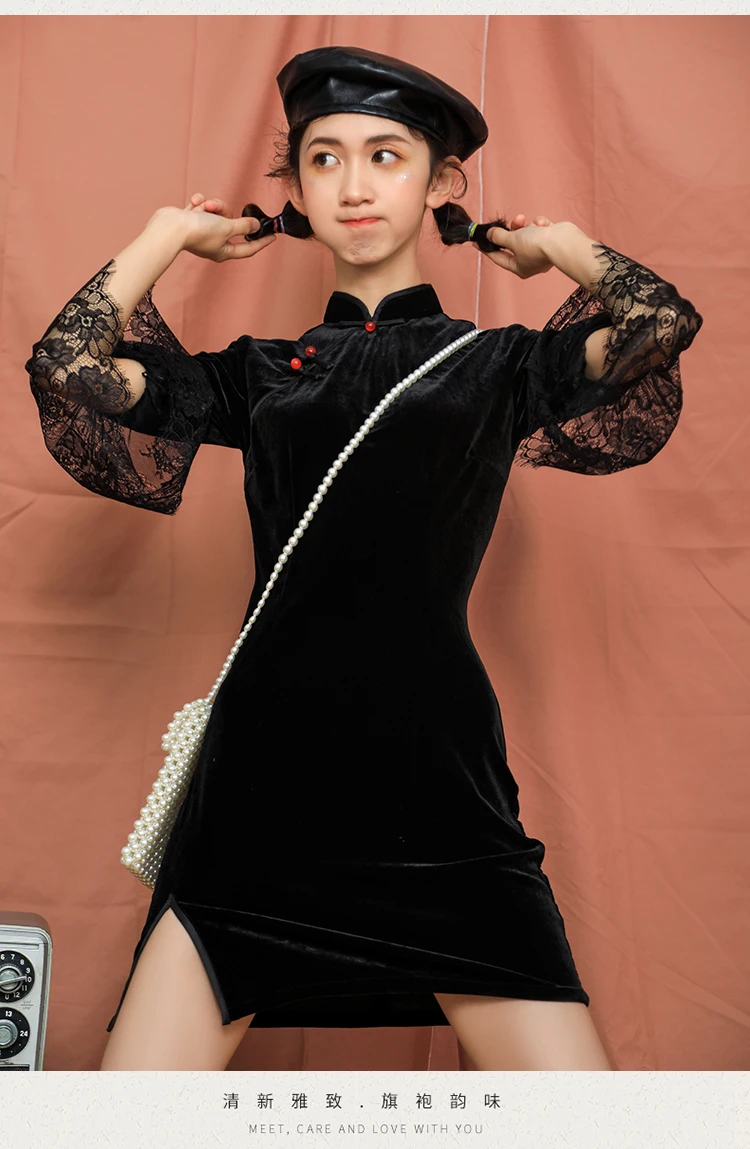 SWEETXUE Осенняя мода ретро современный китайский стиль cheongsam платье бархат сшивание кружева черный сексуальный сплит женские платья Qipao