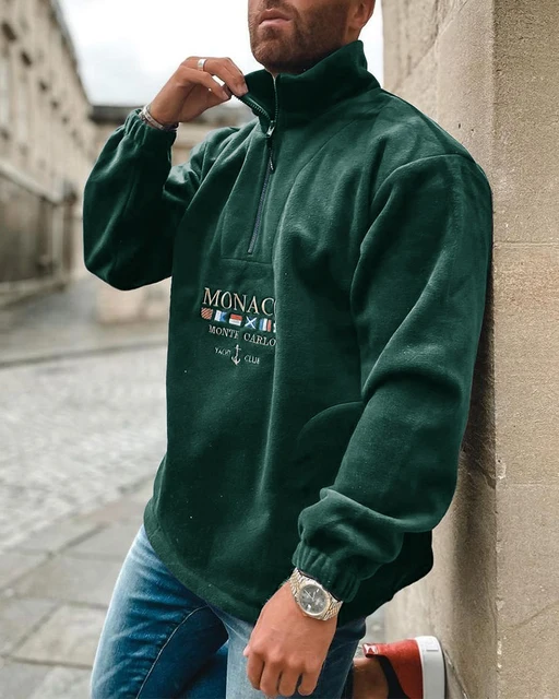 Letter & National Flag Embroidery Long Sleeve Polar Fleece Polo Sweatshirt S-3XL Army Green