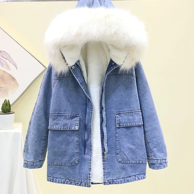 Off white Зимняя джинсовая куртка женская с большим меховым воротником с капюшоном плюс бархатное плотное джинсовое хлопковое пальто Свободное базовое пальто женские куртки Tide - Цвет: Off white