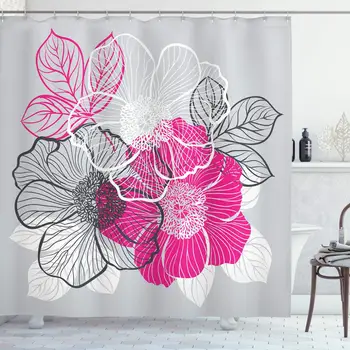 

Grey Shower Curtain, Abstract Blossoming Peonies Romantic Spring Bridal Bouquet Feminine Corsage, Cloth Fabric Bathroom Decor