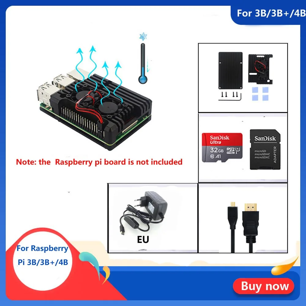  Raspberry Pi 3B/3B+/4B Armor Aluminum Alloy Case with 32GB SD Card+5V 3A power + HDMI for Raspberry