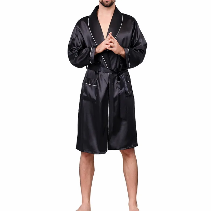 2021 New Men Black Lounge Sleepwear Faux Silk Nightwear For Men Comfort Silky Bathrobes Noble Dressing Gown Men's Sleep Robes pajama bottoms Men's Sleep & Lounge