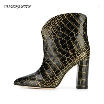

Suede Slim Slip-On Pointed Toe Square Heel Ankle Boots Spring Autumn New Fashion Crocodile Pattern Womens High Heels Shoes