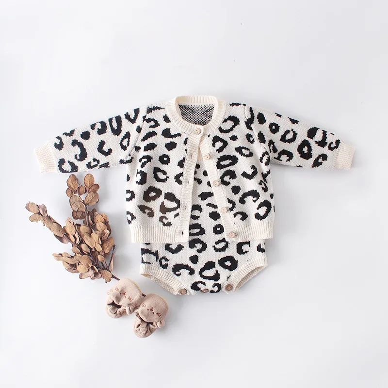 

1799 0-2 Year Newborn Infant Girl Knitted Cardigans Coat Tops Sling Bodysuit Leopard Girls Bodysuit Baby Girl Clothes Rompers