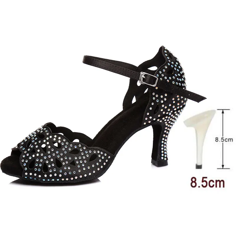 Black 8.5CM HROYL Для женщин Латинской Танцы shinestone; женская обувь для девушек; для женщин; Танго танцевальные сандалии Сальса пикантные вечерние туфли на высоком каблуке 6/7. 5/8. 5/10 см - Цвет: Black 8.5CM
