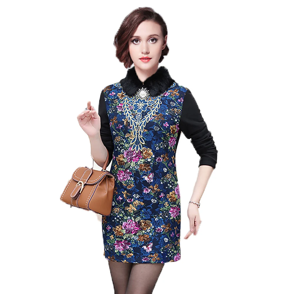 

Winter Thick Velvet Women Lace Dresses 2020 New Autumn Sexy Floral Lady Tunics Vestidos Robe Femme Plus Size XL~4XL Dress