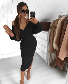 

Spring Women Sexy Off Shoulder Long Sleeve Deep V Neck Black Bandage Dress 2020 Elegant Female Bodycon Party Dress Vestidos