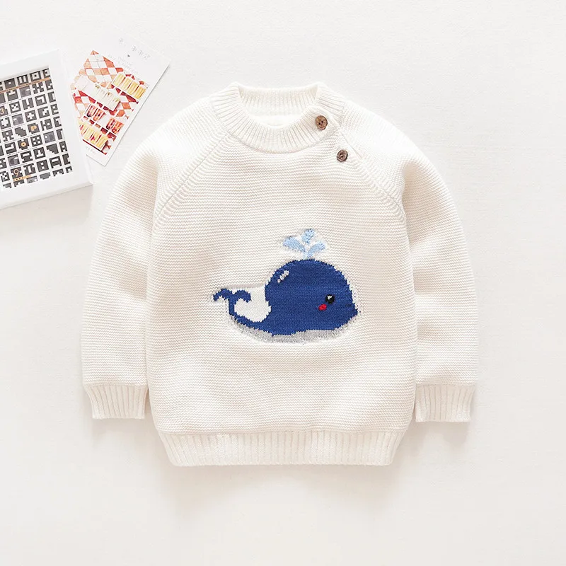 White Whale Baby Warm Sweaters Baby Boys Girls Plus Velvet Thick Tops Infant Cartoon Whale Pattern Pullovers Toddler O-neck Knitting Sweater - Цвет: White Whale