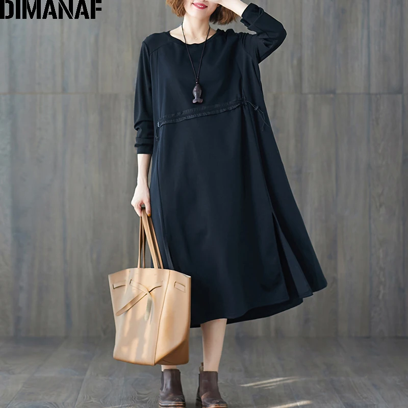 DIMANAF, женское платье, зима-осень, длинный рукав, vestidos, хлопок, свободный, размера плюс, женское, офисное, женское платье, элегантное, с оборками