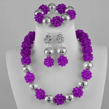 

Purple and Silver Nigerian Necklace Crystal African Beads Jewelry Set for Women