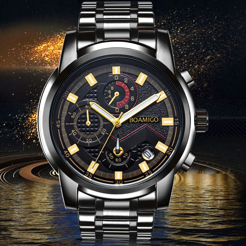 Мужские часы класса люкс от ведущего бренда BOAMIGO, мужские спортивные часы с хронографом, водонепроницаемые полностью стальные мужские модные кварцевые часы