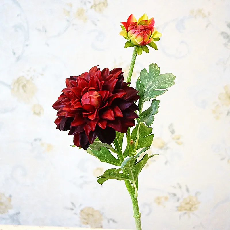 2 головки Dahlias Искусственные цветы Шелковые осенние яркие настоящие на ощупь ромашки искусственные цветы для свадебной вечеринки DIY Украшение Дома Цветочный