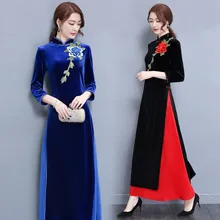 Очаровательное Ретро китайское женское велюровое платье Чонсам Ципао длинная одежда для вечеринки Чонсам китайское платье для женщин aodai платье