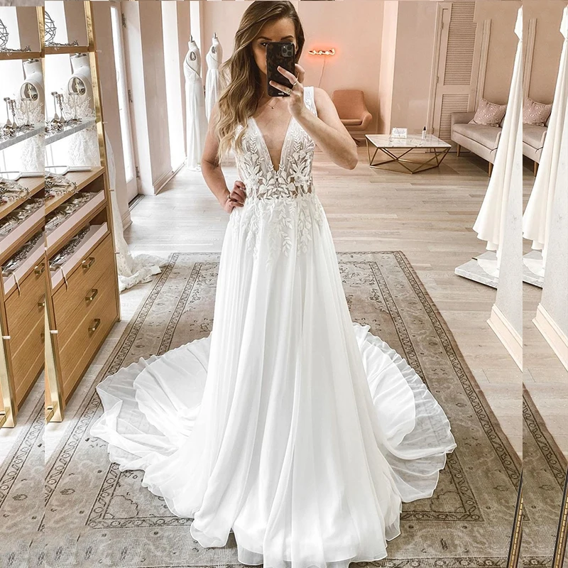 

DREAM Long Chiffon Wedding Dress Deep V-Neck Sleeveless A Line Boho Civil Robe De Mairee Summer Beach Floor length Sweep Train
