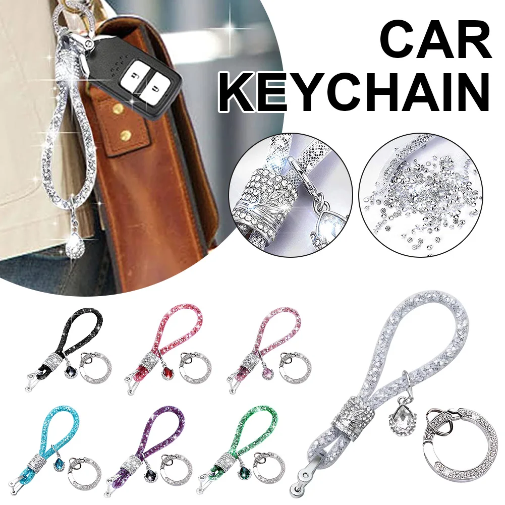 

New Car Keychain Bling Car Accessories Shiny Rhinestones Crystal With D-Ring Alloy Key Chain Rope Jewelry For Women Girl Gift