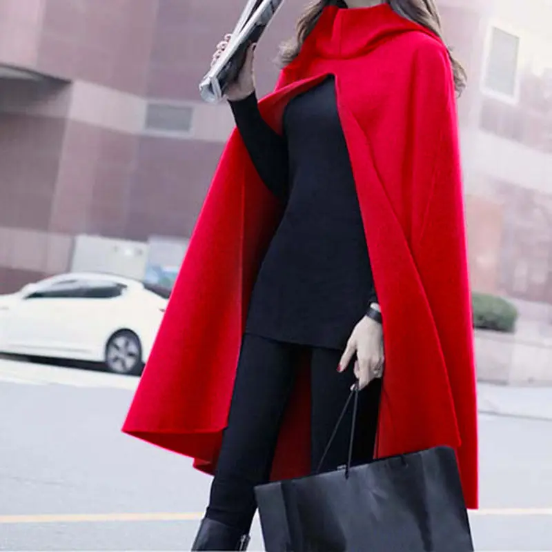 

Autumn And Winter Clothes Women Plus Size Red Black Wool Cloak Coat New Hooded Woolen Cape Jacket Classic Warm Shawl Robe f1456