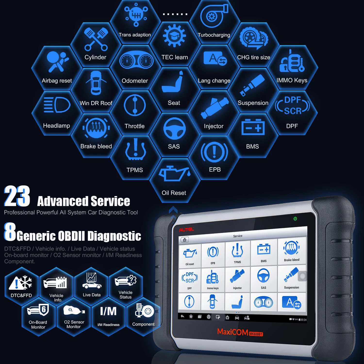 Autel MaxiCOM MK808BT OBD2 Diagnostic Scan Tool All System Diagnosis 25+ Services IMMO/Oil Reset/EPB/BMS/SAS/DPF/ABS MK808 MX808 car inspection equipment