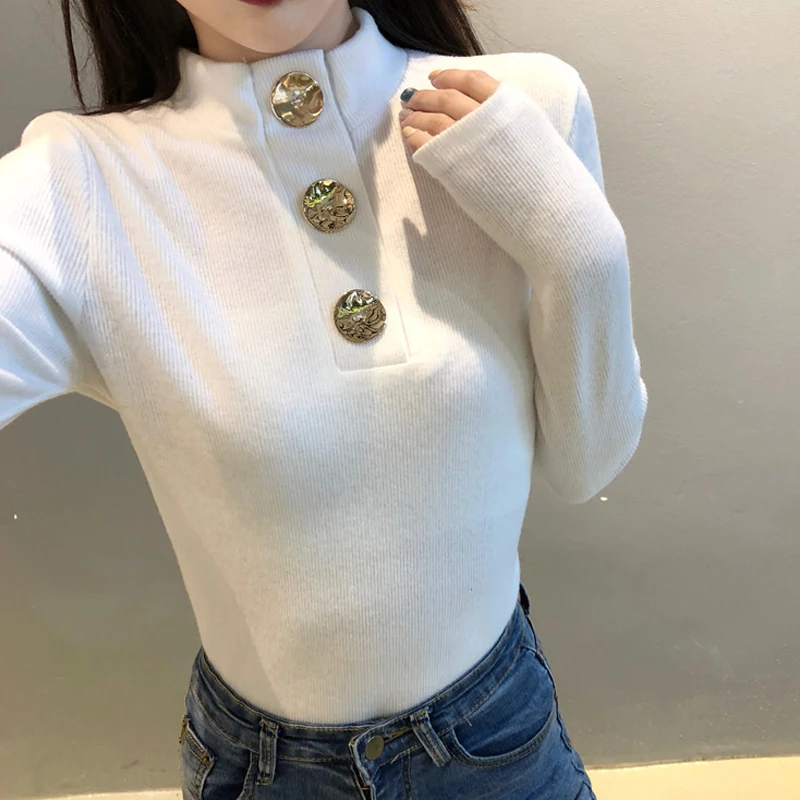 

shintimes Tops Autumn Turtleneck Womens Sweater Korean Sweaters Button Pullovers Long Sleeve Sweater Knitted Womens Clothing