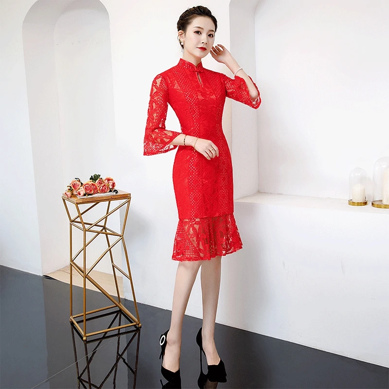 Красные женские кружевные короткие тонкие вечерние платья Cheongsam роскошный китайский стиль воротник стойка элегантный Qipao пикантный халат Vestido XS-4XL