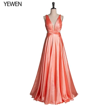 

Elegant Evening Dress Long 2020 YeWen Simple A-line Deep V-neck Sleeveless Silk Satin Wedding Party Gowns Vestidos Elegantes