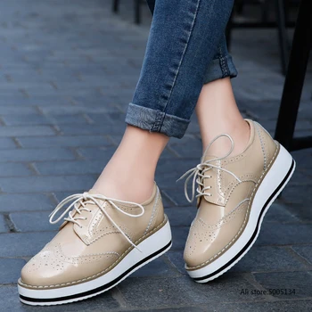 

Platform Oxfords Brogue Flats Shoes Woman Patent Leather Lace Up Pointed Toe Female for women Creeper ZSTM33