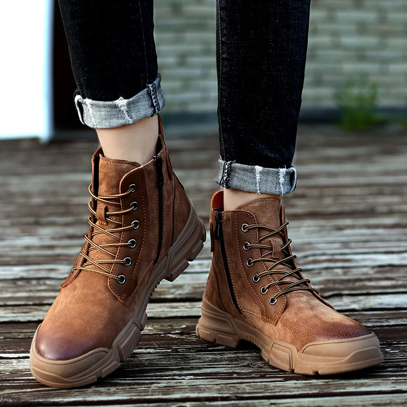 Мужская обувь; Новинка; ботильоны Martens из натуральной кожи на молнии; мужская повседневная обувь в байкерском стиле; теплые зимние мужские ботинки; Рабочая безопасная обувь