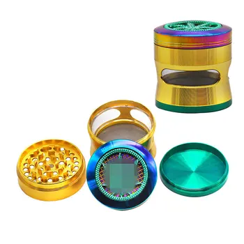 

Diameter 63mm Zinc Alloy Herb Grinder with Leaf Pattern Four Pieces Colorful Metal Tobacco Crusher Spice Clear Cutout Breaker