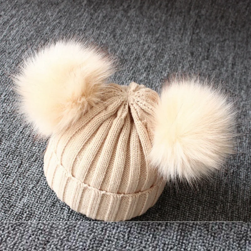 Мягкая меховая шапка для новорожденных мальчиков и девочек, зимняя теплая шапка с помпоном Вязаная Шапка-бини, KYY1026