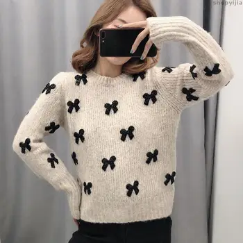 

New product bow O-neck sweater women elegant slim long-sleeved sweater sweet solid color sweater women fashion