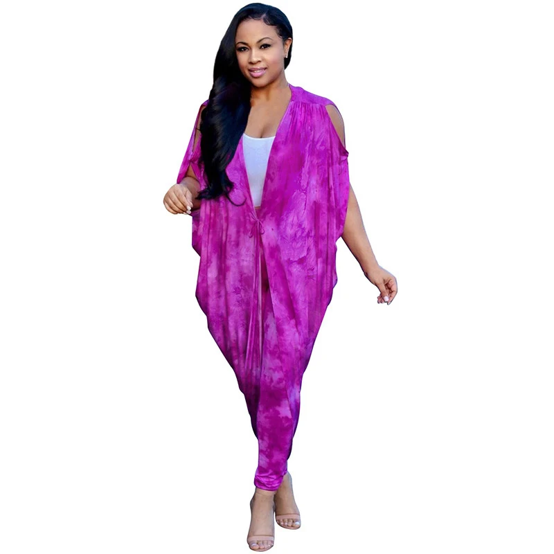 

New Fashion Vintage Print Two Pieces Sets Loose Long Top and Bodycon Pants Elegant Bat Sleeve Retro Playsuist Women Jumpsuits
