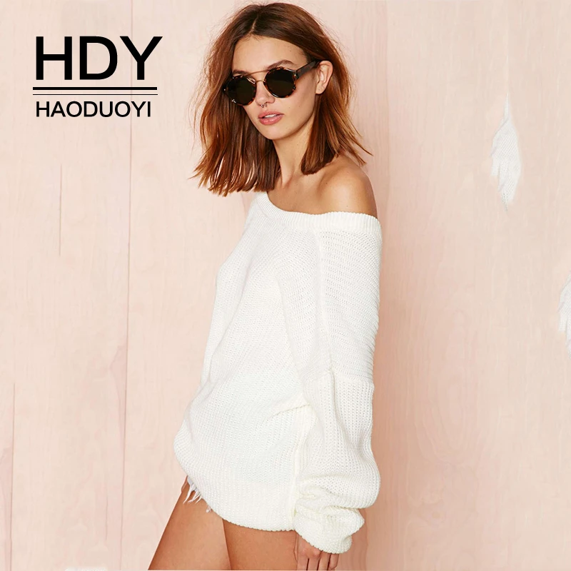 "HDY Haoduoyi однотонный женский свободный свитер со спущенным плечом, вязанный белый пуловер с длинными пышными рукавами и глубоким вырезом, модный, удобный свитер большого размера "