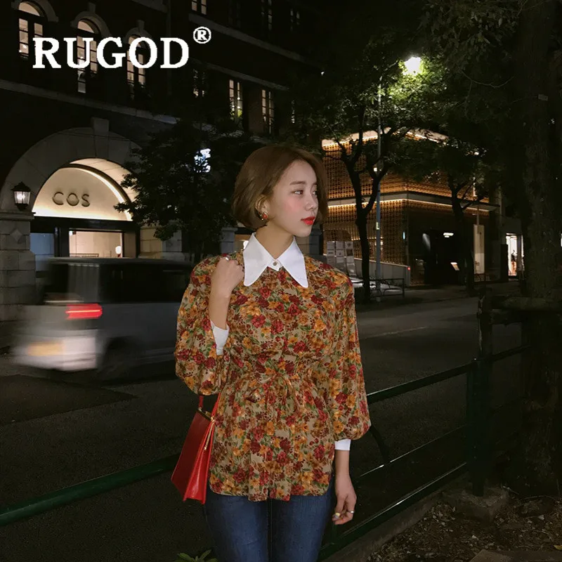RUGOD новая корейская мода Kawaii одежда Повседневная рубашка с длинными рукавами для женщин с цветочным принтом милые топы воротник Питер Пэн