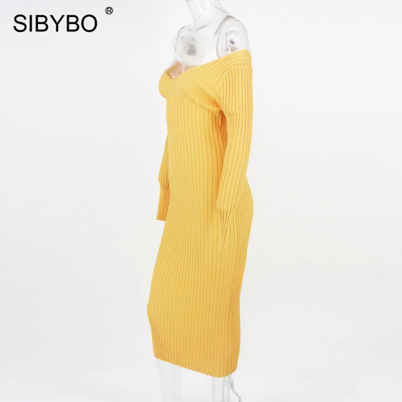 SIBYBO, зимнее трикотажное хлопковое платье в рубчик, женское сексуальное облегающее платье с открытыми плечами и длинным рукавом, однотонные вечерние платья с открытой спиной