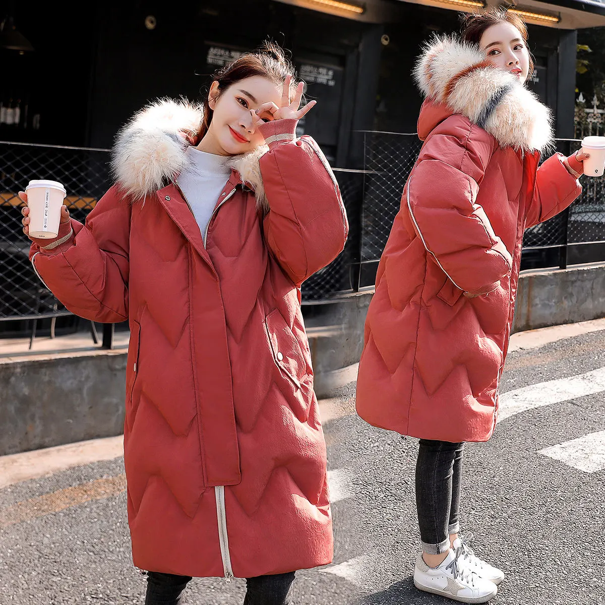 

Fashion Korean-style down Jacket Cotton-padded Clothes Female Winter New Style Thick Loose-Fit Slimming Mid-length Fur Collar Bl