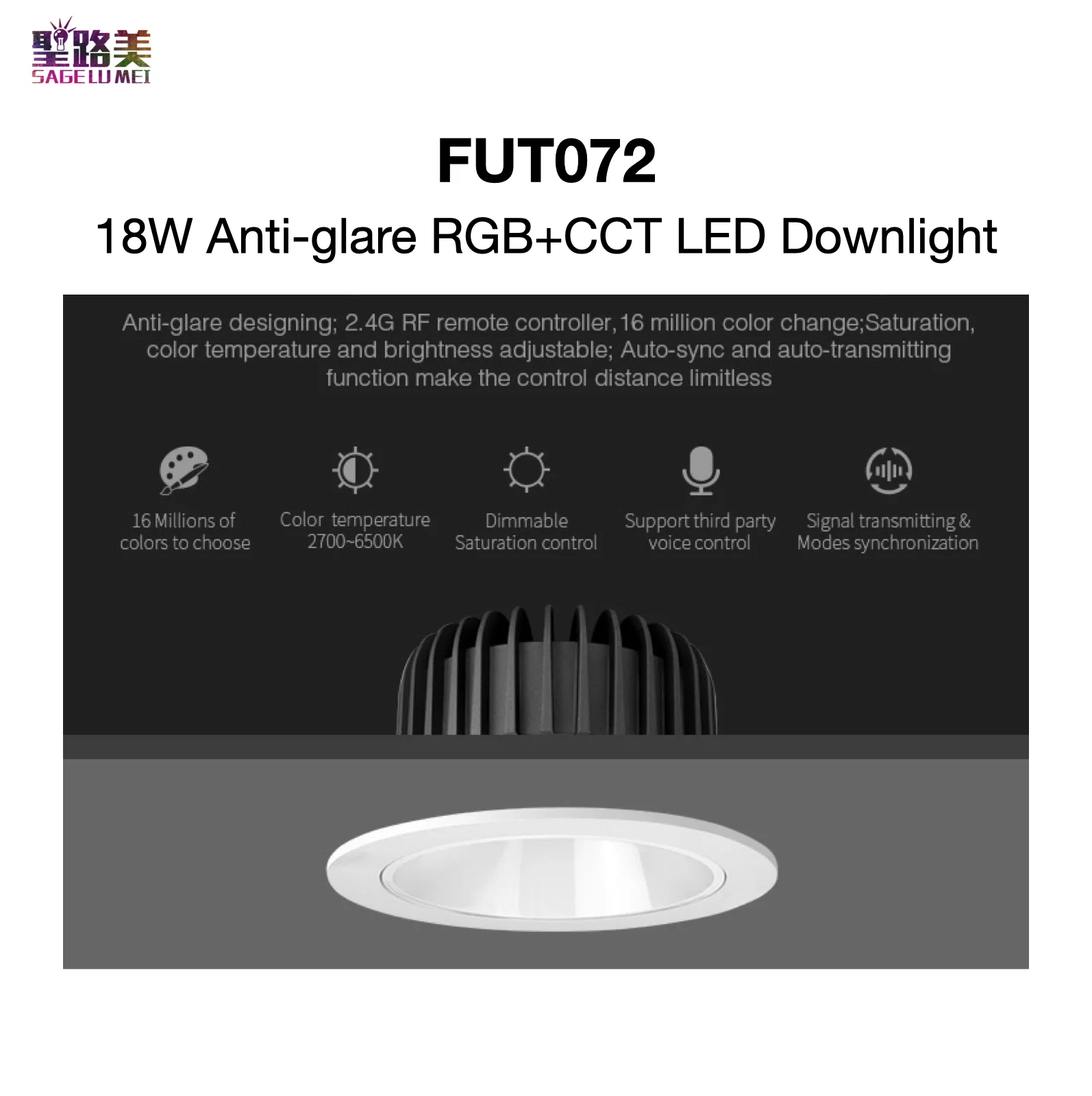 FUT072 18W Anti glare RGB+CCT LED Downlight 16 Millions Colors 2.4G RF