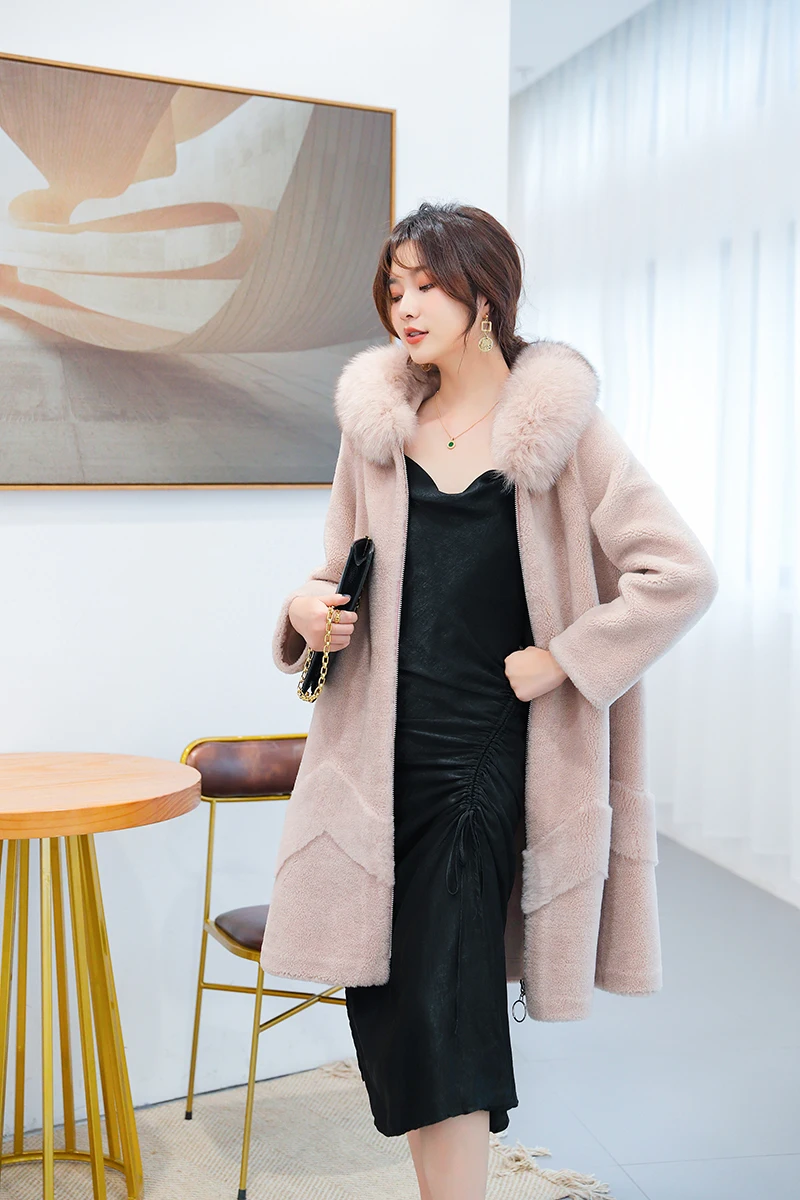 AYUNSUE шерстяная Женская куртка с натуральным мехом, пальто с капюшоном на осень и зиму, Женское пальто с воротником из лисьего меха, манто Femme 9506 YY1966