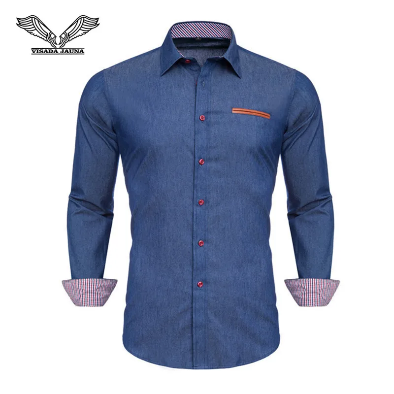 VISADA JAUNA, мужские рубашки с длинным рукавом, модные, однотонные, хлопок, деловые, повседневные, мужские рубашки, брендовая, облегающая одежда N5126 - Цвет: Dark blue3151