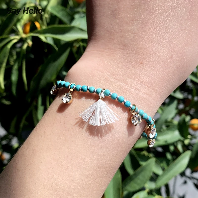 SAY HELLO модный бирюзовый цветной цепочка длинный Браслет инкрустированный