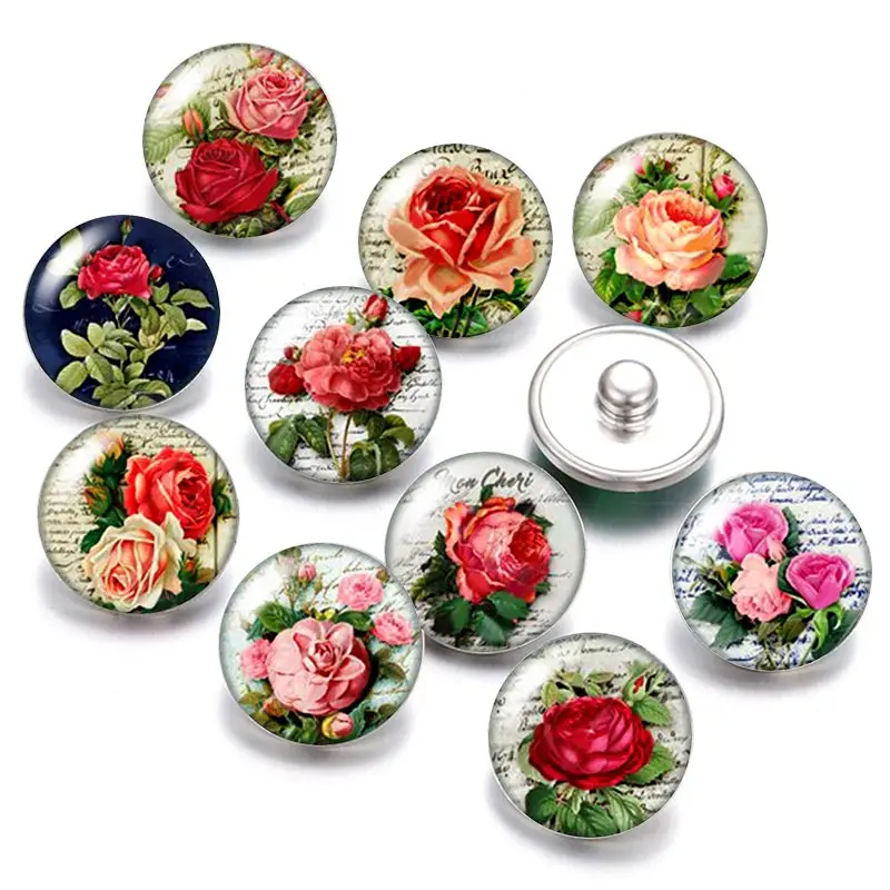 

Beauty Flowers rose daisy patterns 18mm snap buttons 10pcs mixed round photo glass cabochon style for snap button jewelry