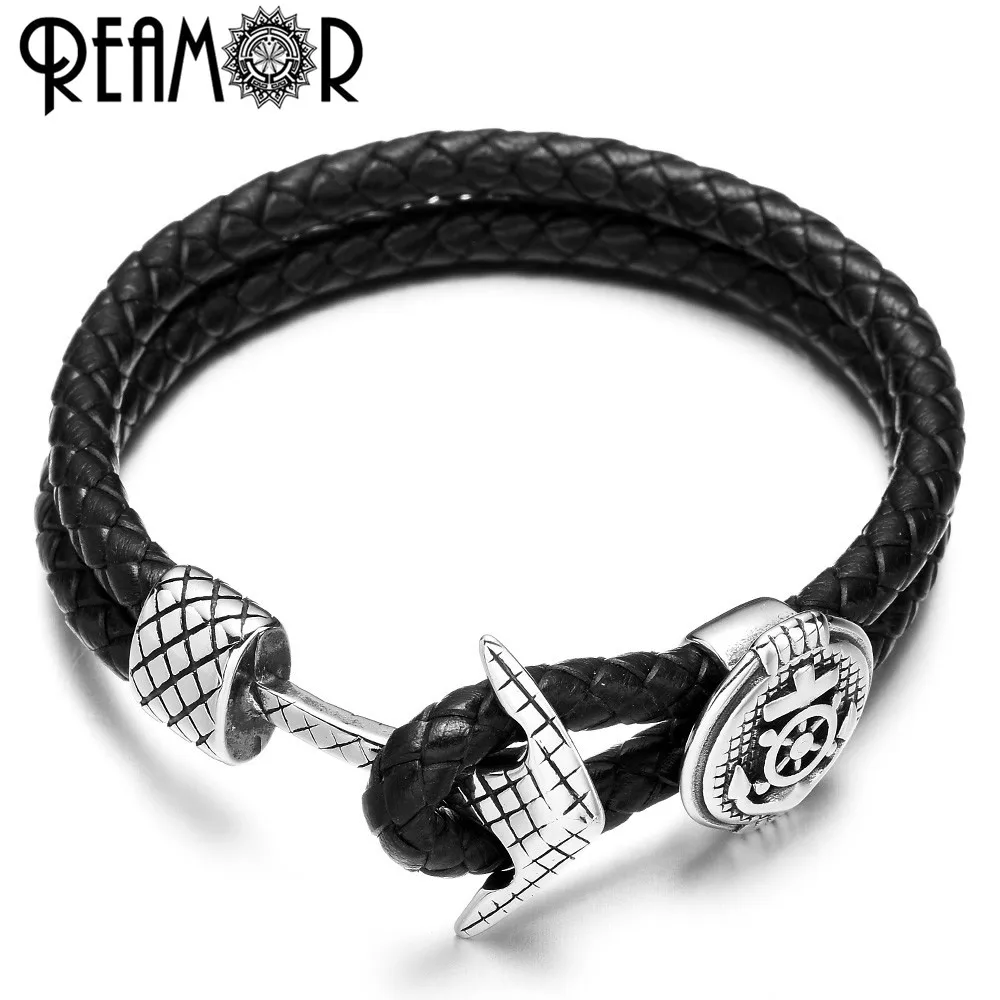 REAMOR Genuine Leather Men & Women Bracelets Bangles Stainless steel Compass Shield Bead Anchor Connector Charm Bracelet Jewelry