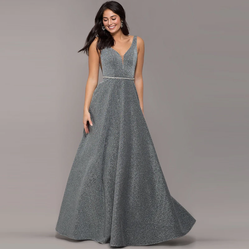 Robe De Soiree блестящее платье с v-образным вырезом длинное вечернее платье вечерние элегантные 2019 A Line блестящие Выпускные платья с поясом
