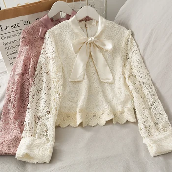 

lace solid women blouse summer new bow neck loose all match elegant office lady pulls outwear tops