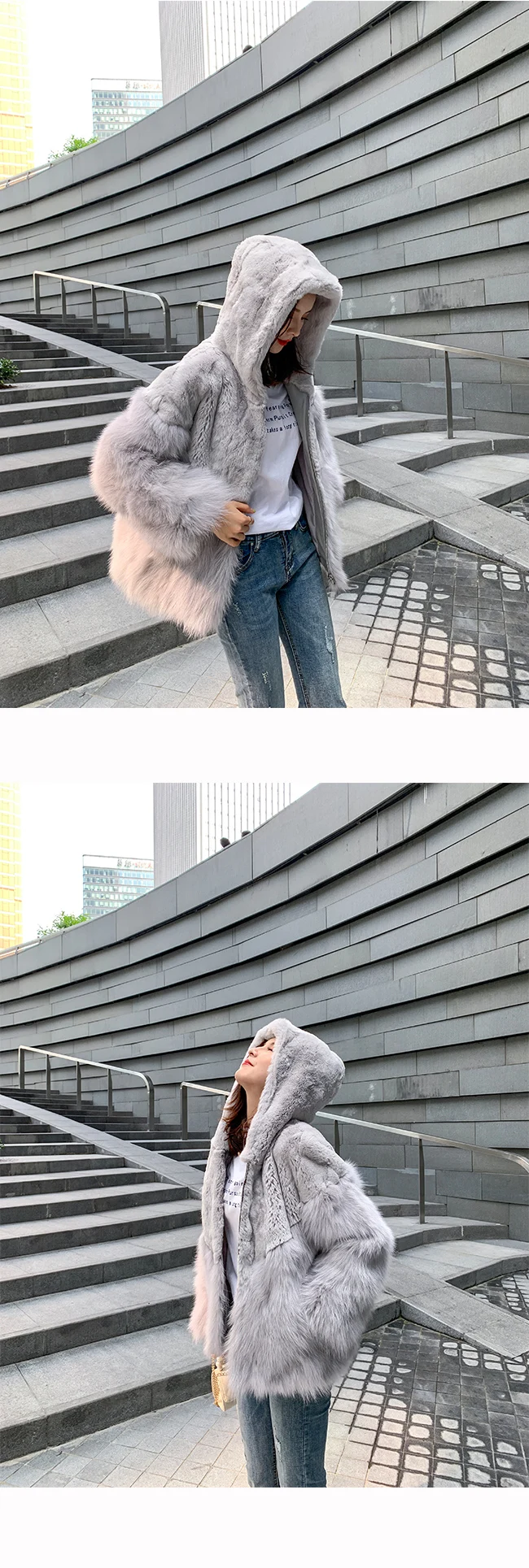 rf1987 New Arrival Real Fox Fur Fashion Woman's Real Rex Rabbit Fur Coat with Hood Natural Fur Jacekt