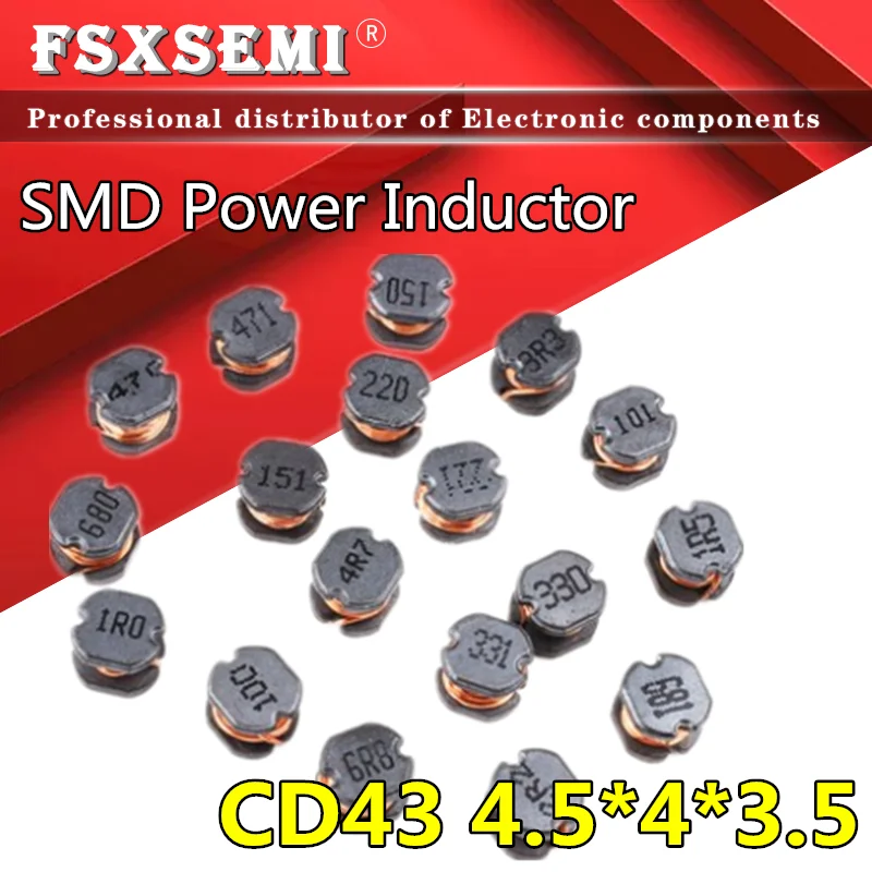 20pcs/lot CD43 SMD Power Inductor 4.5*4*3.5 1UH 2.2UH 3.3UH 4.7UH 6.8UH 10UH 22UH 33UH 47UH 68UH 100UH 150UH 220UH 330UH 470UH |