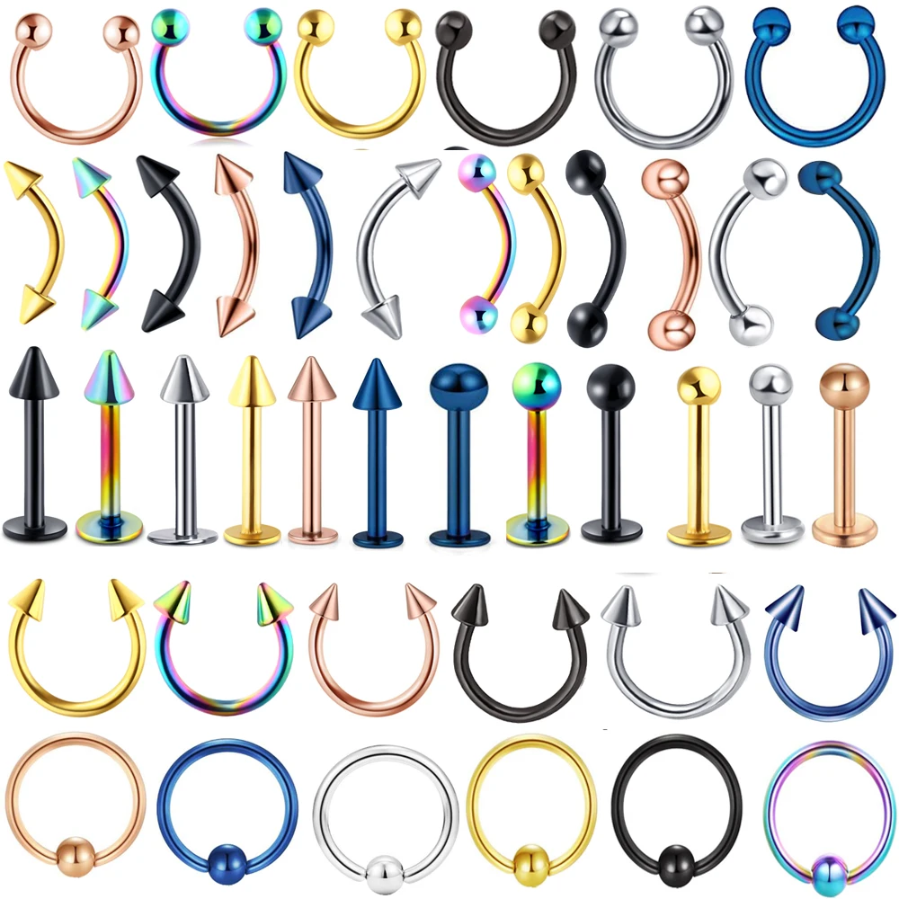 TIANCIFBYJS Stainless Body Piercing Jewelry 6pcs Set Belly Ring Tongue Eyebrow Tragus Barbells Nose Rings Lip Labet Stud 14G 16G |