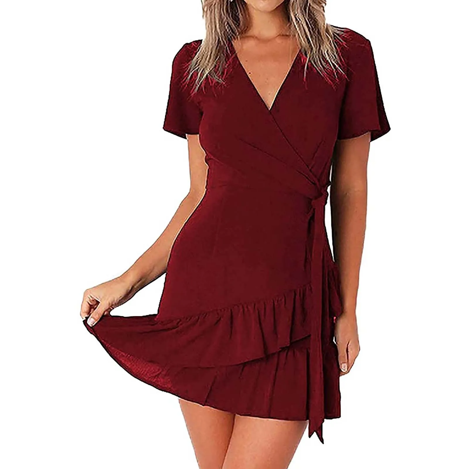 Summer Women Boho Beach Holiday V-neck Short Sleeve Dress Ladies Floral Print Dress Ruffle Mini Dress Wrap Vestido Женский 1